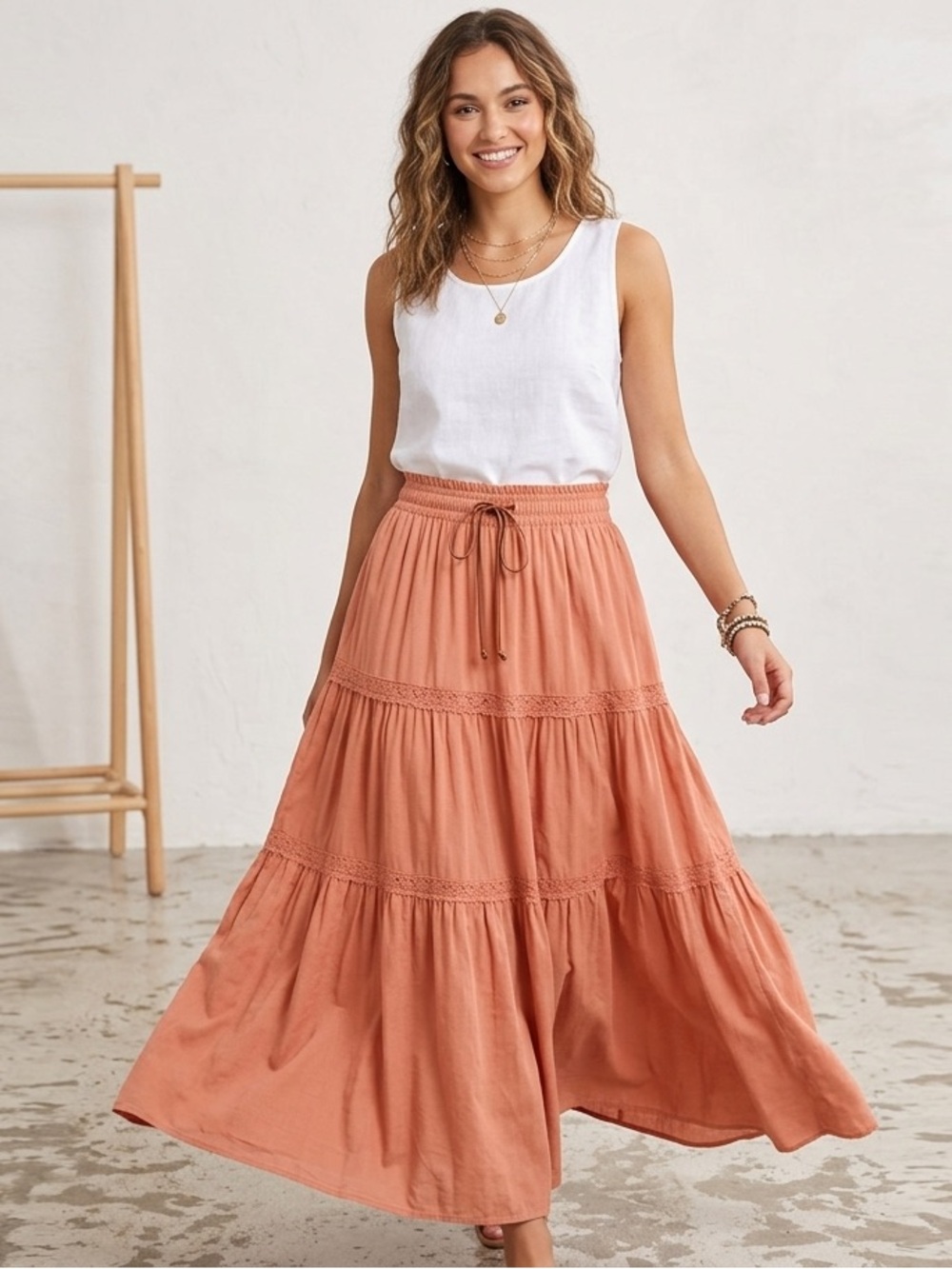 Tiered Maxi Skirt with Smocked Waist in Terracotta